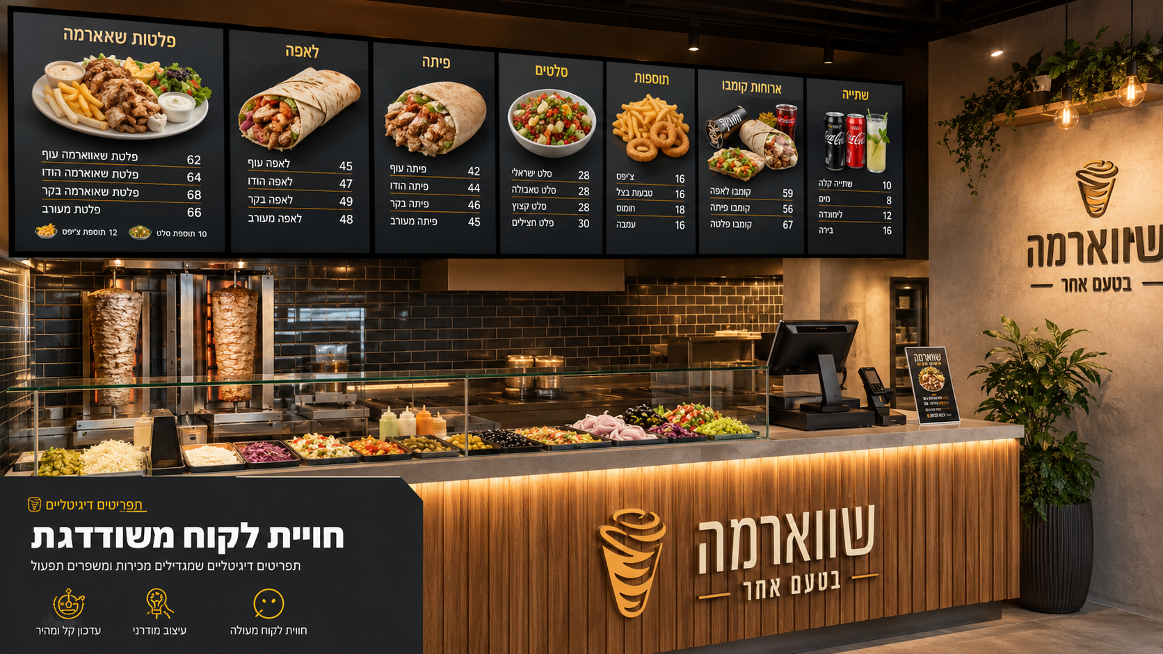 Digital menu board wall in a shawarma restaurant with platters, laffa, pita and salads