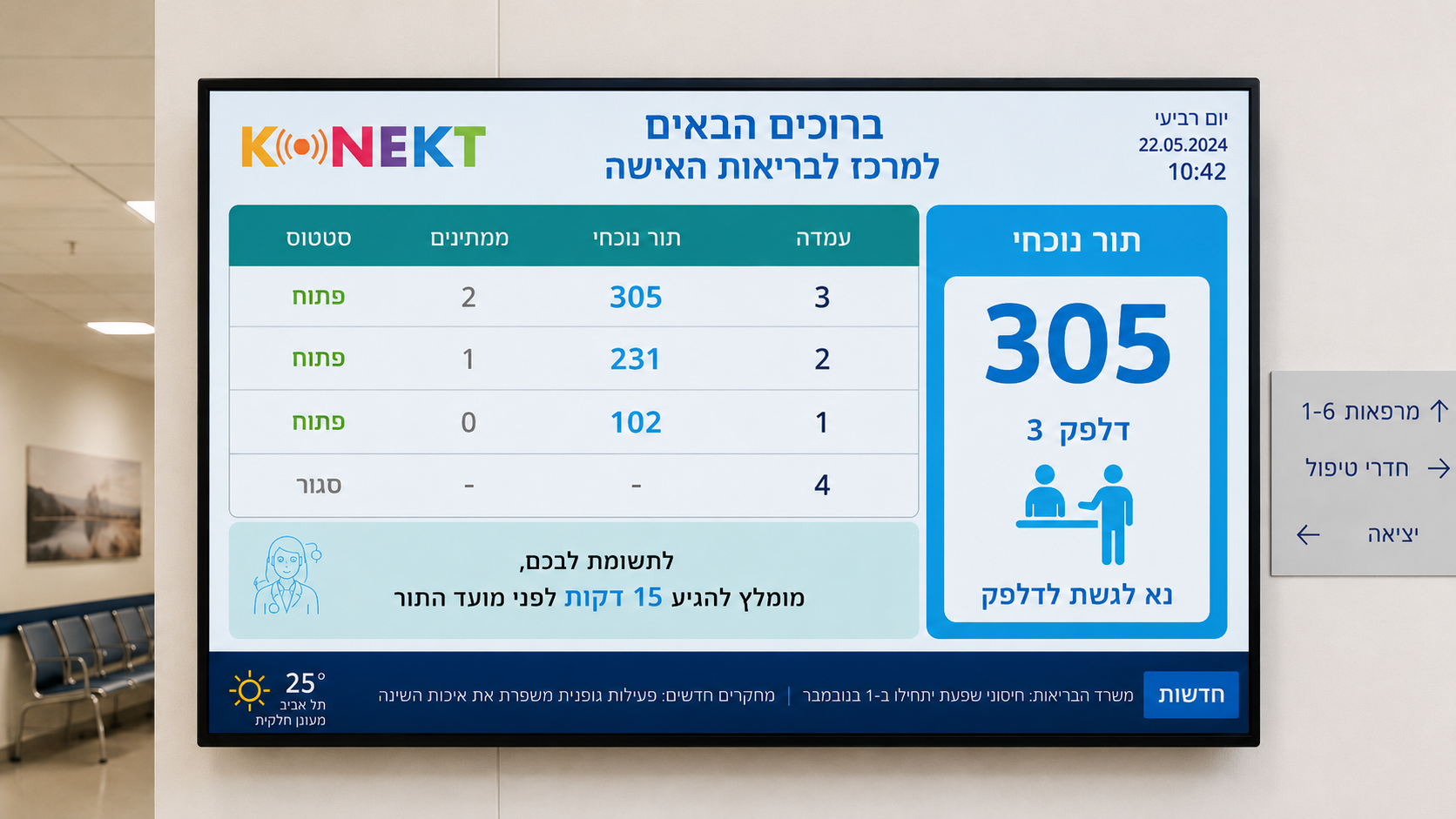 מסך ניהול תורים בלובי מרפאה