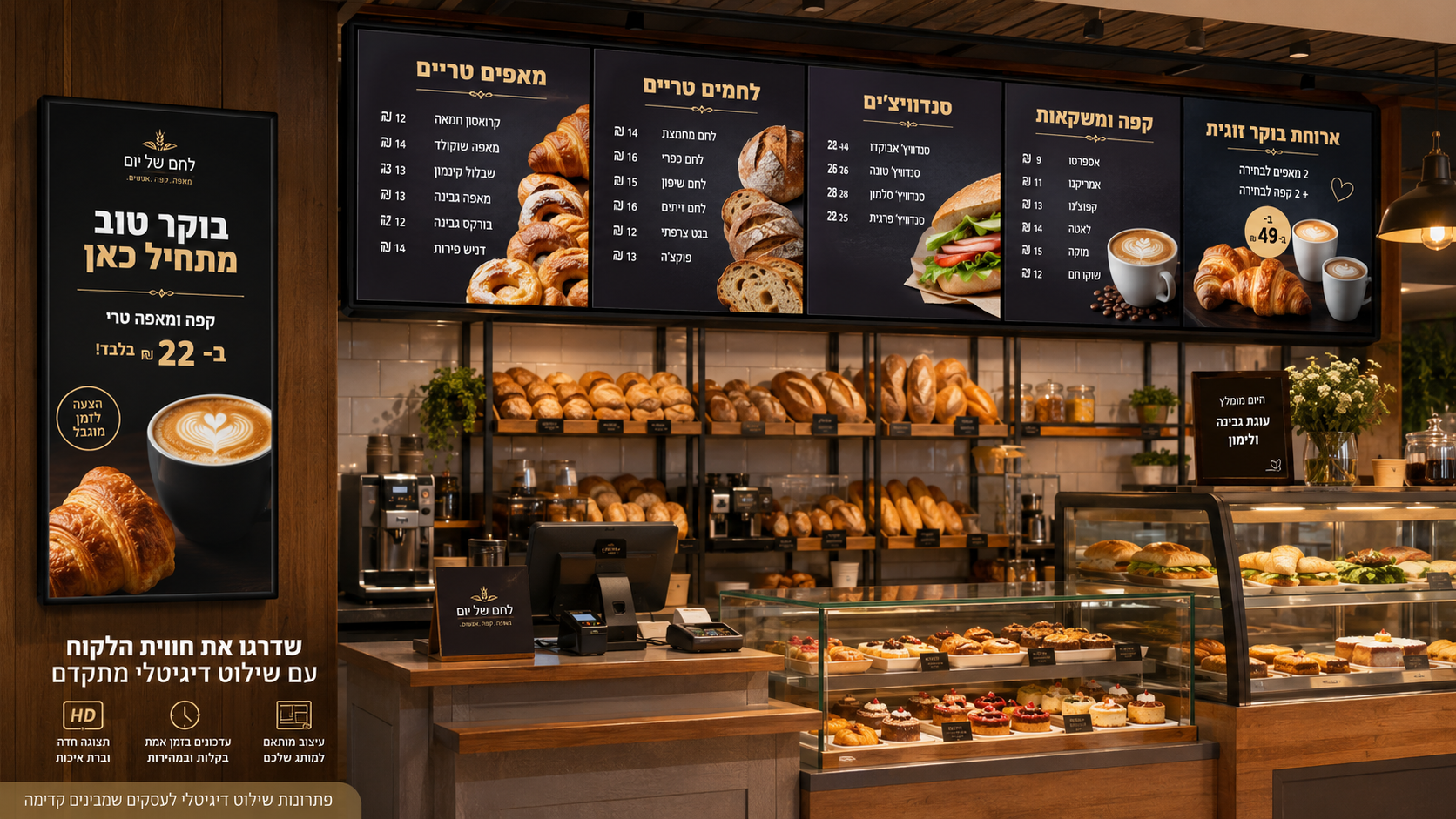 Digital menu boards in a bakery-cafe showing coffee, croissants, breads and sandwiches