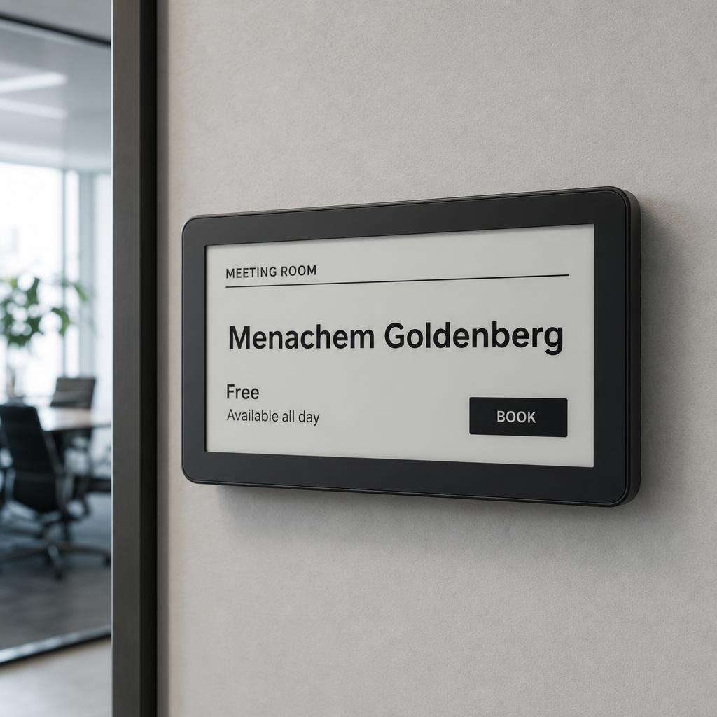 Digital room sign outside a meeting room showing the name Menachem Goldenberg