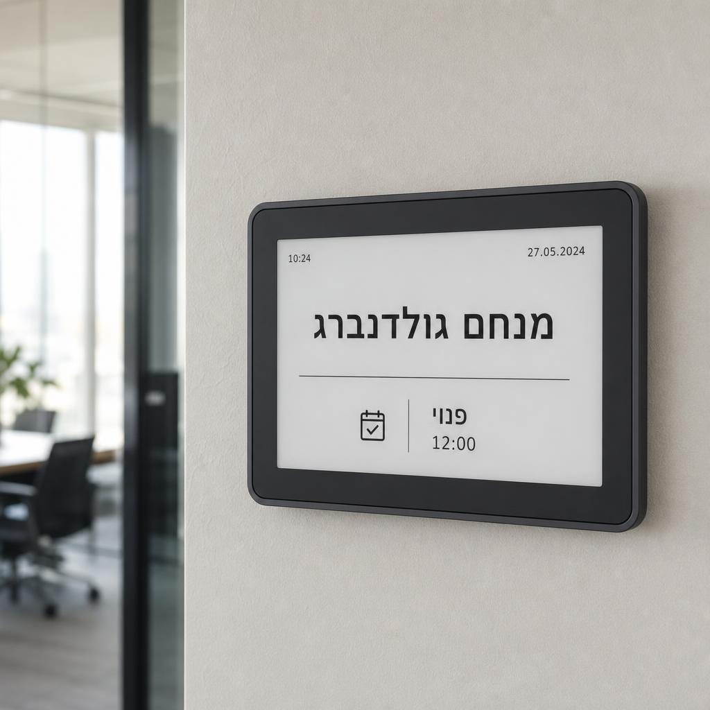 שלט דיגיטלי בכניסה לחדר ישיבות עם השם מנחם גולדנברג